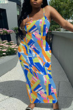Sleeveless Casual Graphcis Print Backless Spaghetti Strap Long Bodycon Maxi Slip Dress