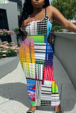 Sleeveless Casual Graphcis Print Backless Spaghetti Strap Long Bodycon Maxi Slip Dress