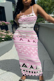 Sleeveless Casual Graphcis Print Backless Spaghetti Strap Long Bodycon Maxi Slip Dress