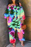 Casual Floral Print Off Shoulder Long Sleeve Pockets Harem Jumpsuits