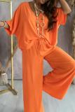 Casual V Neck Batwing Sleeve Oversize T-shirt And Wide Leg Pants Vacation Plus Size Two Pieces Trouser Sets