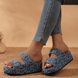 Casual Denim Print Round Wedge Heel Thick-Soled Slip On Sandals