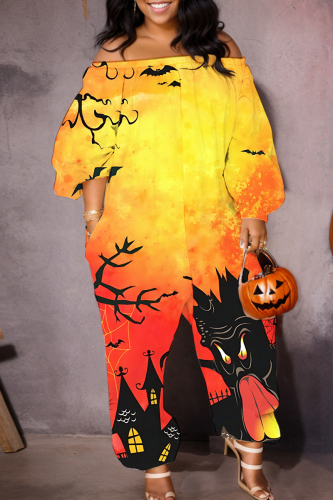 Halloween Skull Pumpkin Print Off Shoulder Long Sleeve Pockets Plus Size Harem Jumpsuits