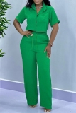 Casual Turndown Collar Short Sleeve Buttons Crop Shirt And Wide Leg Pants Vacation Two Pieces Trouser Sets