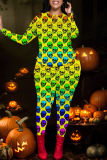 Halloween Skull Pumpkin Print Pant Set O Neck Long Sleeve Sweatshirt And Skinny Pants Two Pieces Trouser Sets