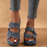 Casual Denim Print Round Wedge Heel Thick-Soled Slip On Sandals