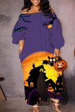 Halloween Skull Pumpkin Print Off Shoulder Long Sleeve Pockets Plus Size Harem Jumpsuits