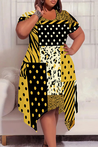 Casual Graphics Print Pocket O Neck Short Sleeve Irregular Hem Plus Size Midi T-shirt Dresses