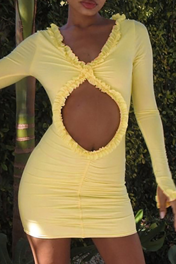 Formal Evening Party Hollow Out V Neck Long Sleeve Ruffle Trim Wrapped Skirt Bodycon Mini Dresses