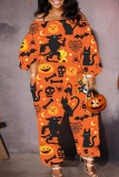 Halloween Skull Pumpkin Print Off Shoulder Long Sleeve Pockets Loose Harem Jumpsuits