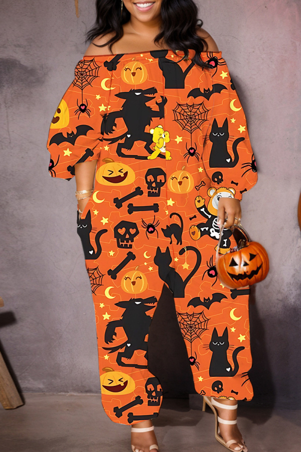Halloween Skull Pumpkin Print Off Shoulder Long Sleeve Pockets Loose Harem Jumpsuits