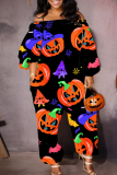 Halloween Skull Pumpkin Print Off Shoulder Long Sleeve Pockets Loose Harem Jumpsuits