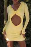 Formal Evening Party Hollow Out V Neck Long Sleeve Ruffle Trim Wrapped Skirt Bodycon Mini Dresses