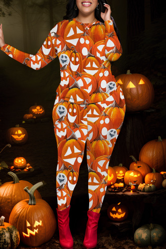 Halloween Skull Pumpkin Print Pant Set O Neck Long Sleeve Sweatshirt And Skinny Pants Two Pieces Trouser Sets