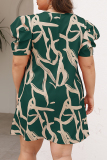Casual Graphics Print O Neck Puff Sleeve Straight Loose Vacation Plus Size Mini Dresses