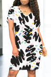 Casual Graphics Print O Neck Short Sleeve Loose Straight Midi T-Shirt Dress