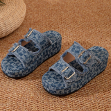 Casual Denim Print Round Wedge Heel Thick-Soled Slip On Sandals