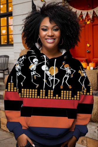 Halloween Casual Skull Print Long Sleeve Pockets Winter Fall Hooded Sweatshirt