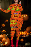 Halloween Pumpkin Print O Neck Long Sleeve Sweatshirt And Skinny Pants Two Pieces Trouser Sets