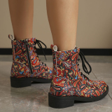 Casual Boho Print Belted Thick Soles Round Toe Embossed Knight Shorts Boots