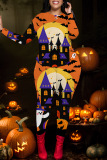 Halloween Pumpkin Print O Neck Long Sleeve Sweatshirt And Skinny Pants Two Pieces Trouser Sets