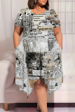 Casual Graphics Print Pocket O Neck Short Sleeve Irregular Hem Plus Size Midi T-shirt Dresses