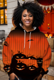 Halloween Pumpkin Bat Print Long Sleeve Pockets Winter Fall Hooded Sweatshirt