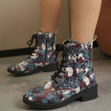 Casual Boho Print Belted Thick Soles Round Toe Embossed Knight Shorts Boots