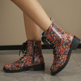 Casual Boho Print Belted Thick Soles Round Toe Embossed Knight Shorts Boots