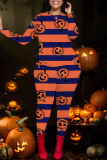 Halloween Pumpkin Print O Neck Long Sleeve Sweatshirt And Skinny Pants Two Pieces Trouser Sets