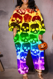 Halloween Skull Pumpkin Print Off Shoulder Long Sleeve Pockets Loose Harem Jumpsuits