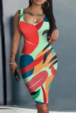 Casual Graphics Barbie Print U Neck Sleeveless Vacation Bodycon Midi Tank Dress