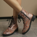 Casual Boho Print Belted Thick Soles Round Toe Embossed Knight Shorts Boots