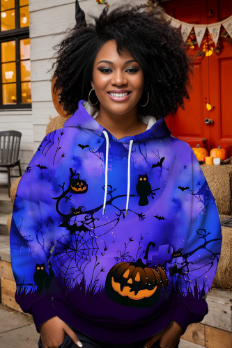 Halloween Pumpkin Bat Print Long Sleeve Pockets Winter Fall Hooded Sweatshirt