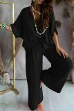 Casual V Neck Batwing Sleeve Oversize T-shirt And Wide Leg Pants Vacation Plus Size Two Pieces Trouser Sets
