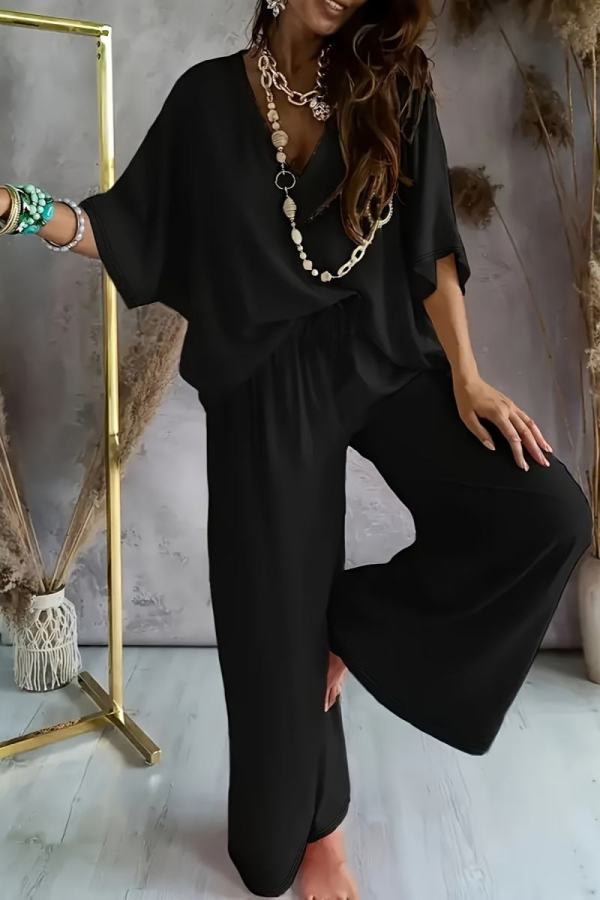 Casual V Neck Batwing Sleeve Oversize T-shirt And Wide Leg Pants Vacation Plus Size Two Pieces Trouser Sets