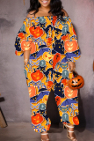 Halloween Skull Pumpkin Print Off Shoulder Long Sleeve Pockets Loose Harem Jumpsuits