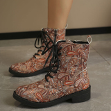 Casual Boho Print Belted Thick Soles Round Toe Embossed Knight Shorts Boots