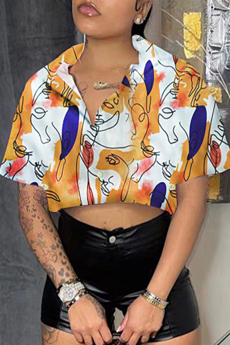 Casual Graffiti Print Buttons Shirt Collar Vacation Crop Blouse