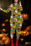 Halloween Pumpkin Print O Neck Long Sleeve Sweatshirt And Skinny Pants Two Pieces Trouser Sets