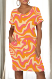 Casual Graphics Print O Neck Short Sleeve Loose Straight Midi T-Shirt Dress
