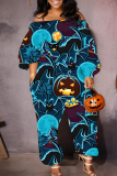 Halloween Skull Pumpkin Print Off Shoulder Long Sleeve Pockets Plus Size Harem Jumpsuits