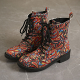 Casual Boho Print Belted Thick Soles Round Toe Embossed Knight Shorts Boots