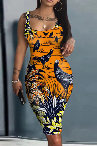 Casual Graphics Barbie Print U Neck Sleeveless Vacation Bodycon Midi Tank Dress