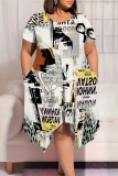 Casual Graphics Print Pocket O Neck Short Sleeve Irregular Hem Plus Size Midi T-shirt Dresses