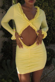 Formal Evening Party Hollow Out V Neck Long Sleeve Ruffle Trim Wrapped Skirt Bodycon Mini Dresses