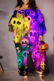 Halloween Skull Pumpkin Print Off Shoulder Long Sleeve Pockets Loose Harem Jumpsuits