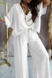 Casual V Neck Batwing Sleeve Oversize T-shirt And Wide Leg Pants Vacation Plus Size Two Pieces Trouser Sets