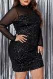 Sequins See-Through Half A Turtleneck Long Sleeve Formal Evening Party Plus Size Bodycon Mini Dresses