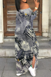Graphics Print Off Shoulder Long Sleeve Side Slit Vacation Bodycon Maxi Dress